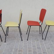 4 vintage metal tubular feet chairs, vinyl seating, skai
