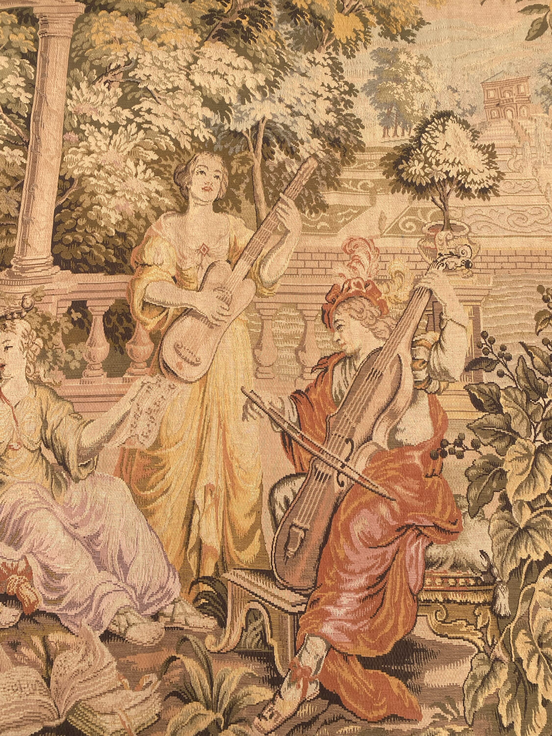 Large Aubusson-style wall tapestry with a musical scene.