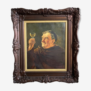 Huile sur toile encadrée Aldo Giordani  - Moine au verre