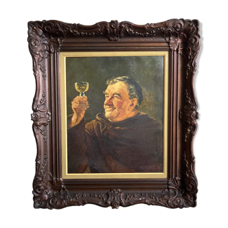 Huile sur toile encadrée Aldo Giordani  - Moine au verre