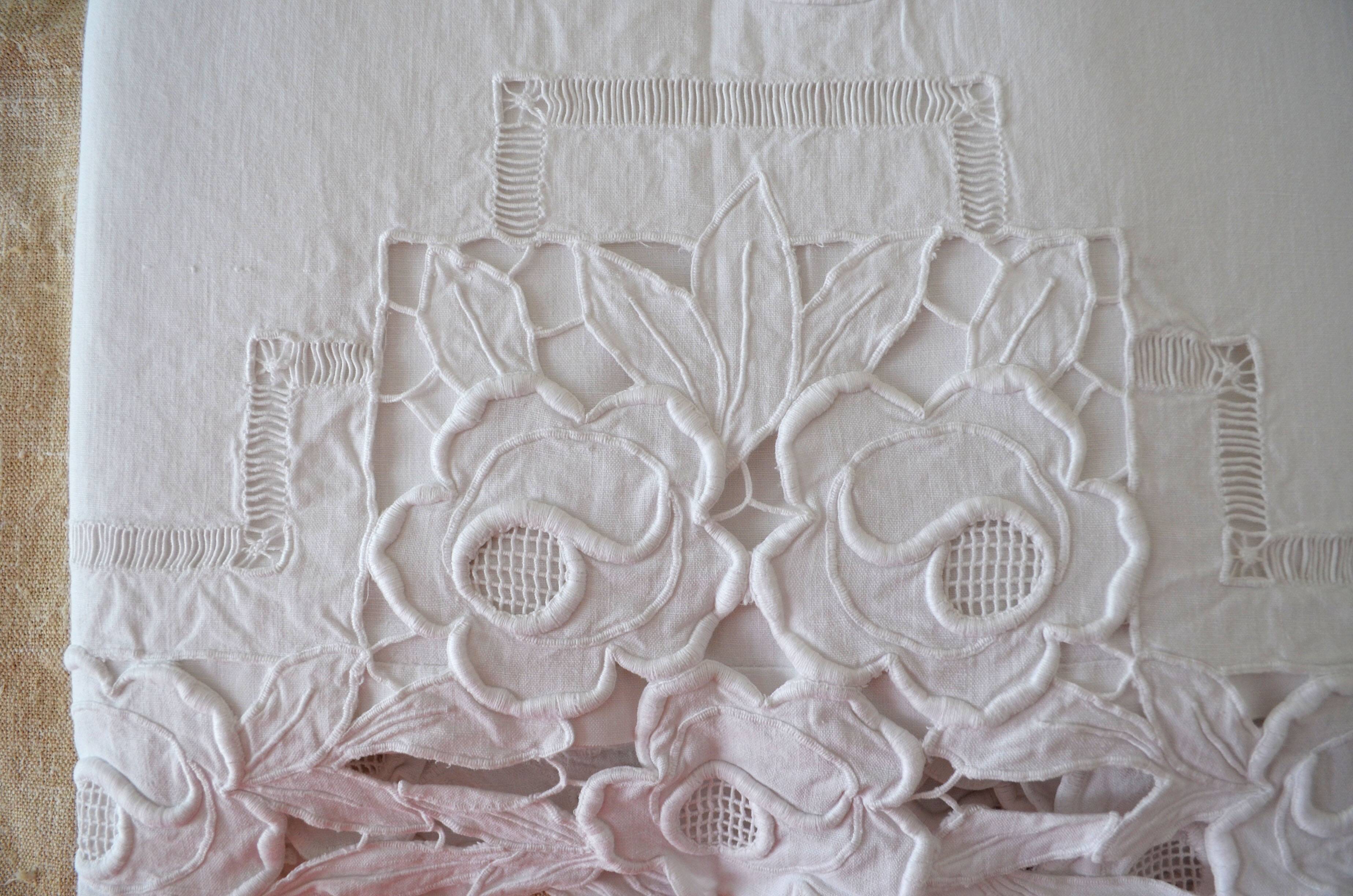 old linen sheet with brogue embroidery and monogram
