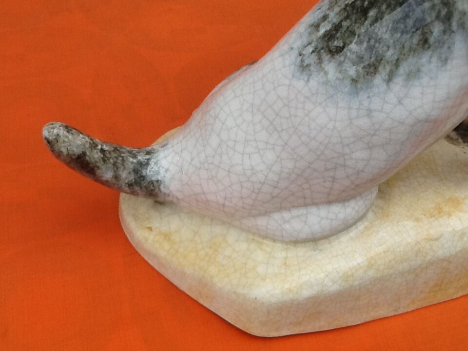 Zoomorphic sculpture cracked ceramic fox terrier dogs