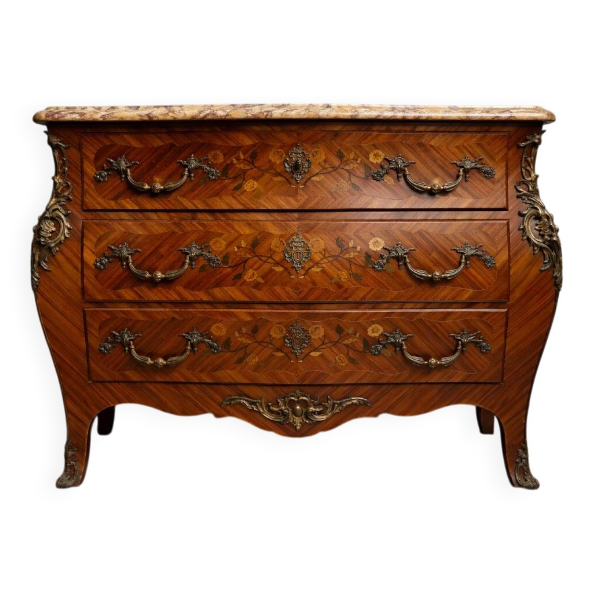 Curved Louis XV style commode with marquetry – Marble top – Gilded bronzes –