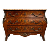 Curved Louis XV style commode with marquetry – Marble top – Gilded bronzes –