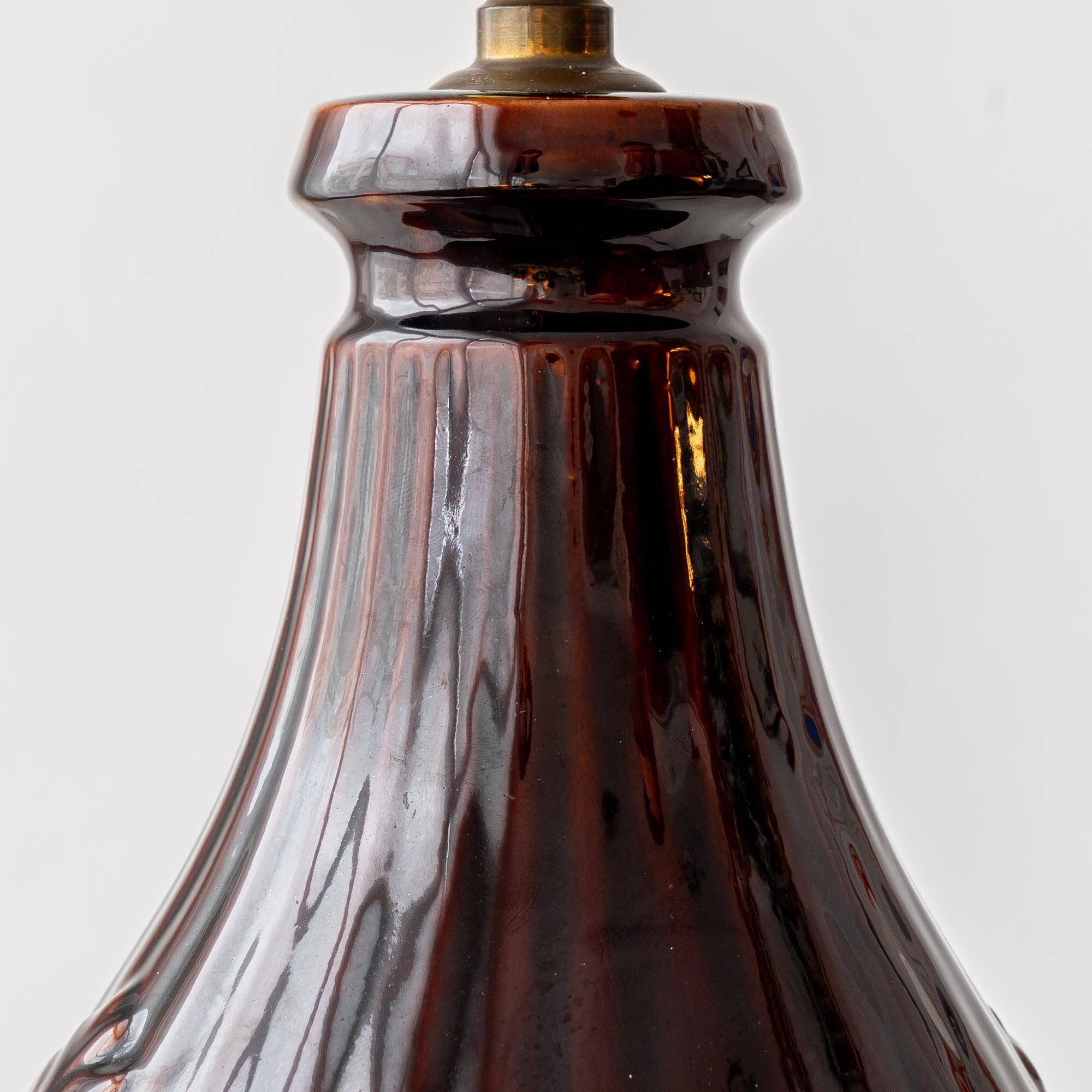Chocolate glazed ceramic table lamp from Manises, Spain, 1960s with a new silk shade.