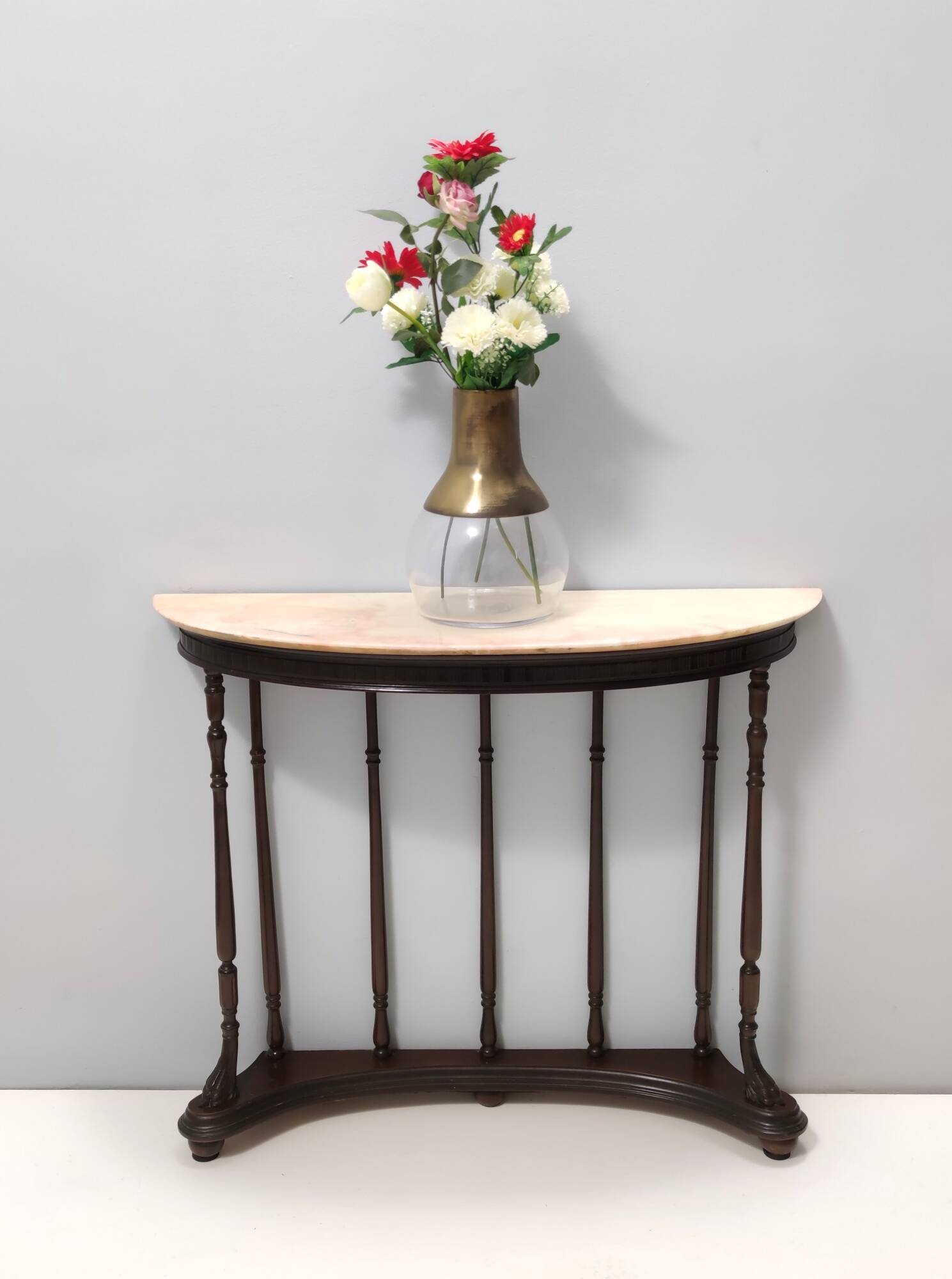 Neoclassical Style Turned Beech Console Table with a Demilune Marble Top, Italy