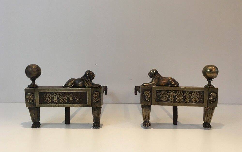 Paire de chenets d'époque Empire en bronze représentant des lions allongés