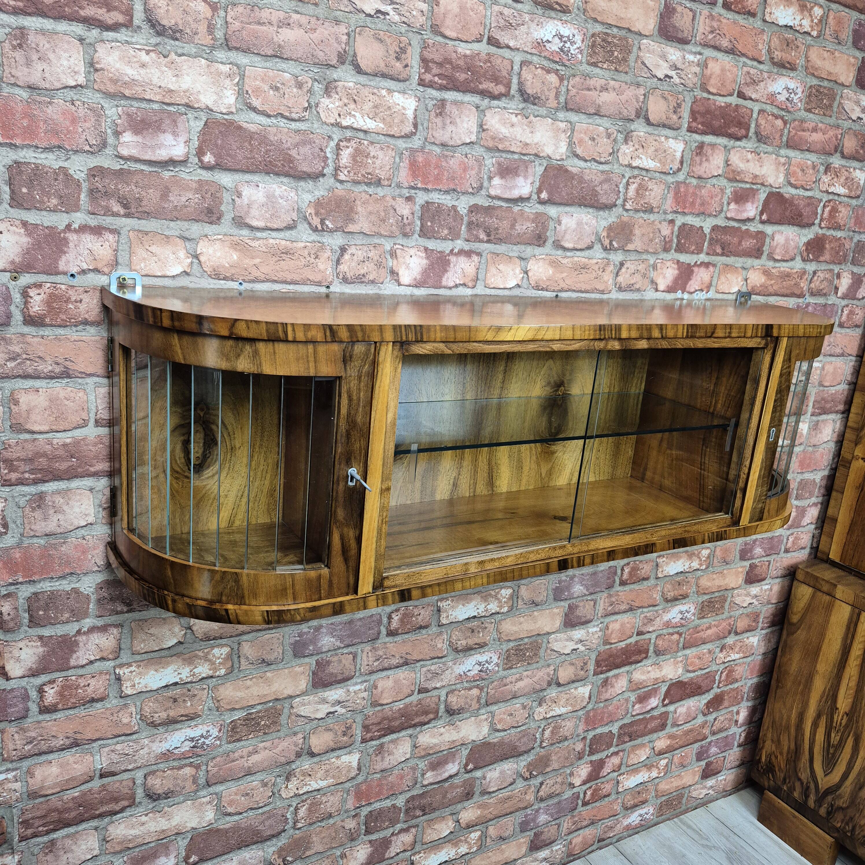 Rare 3-Zone Art Deco Walnut Wall Display Cabinet with Slatted Glass Doors