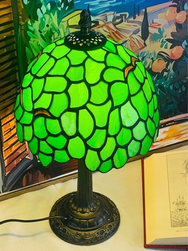 Vintage Tiffany Inspiration Lamp and Green Shade | Green Foliage Shade