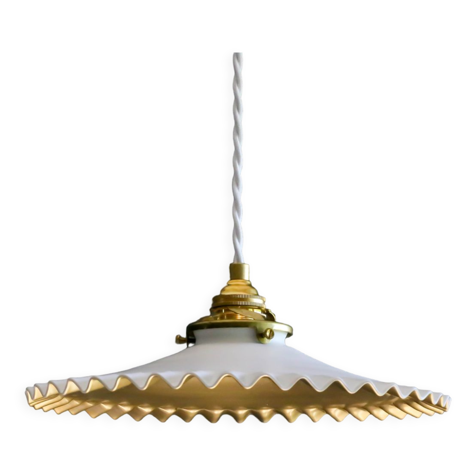 Old opaline pendant lamp painted white and gold - new cable and socket