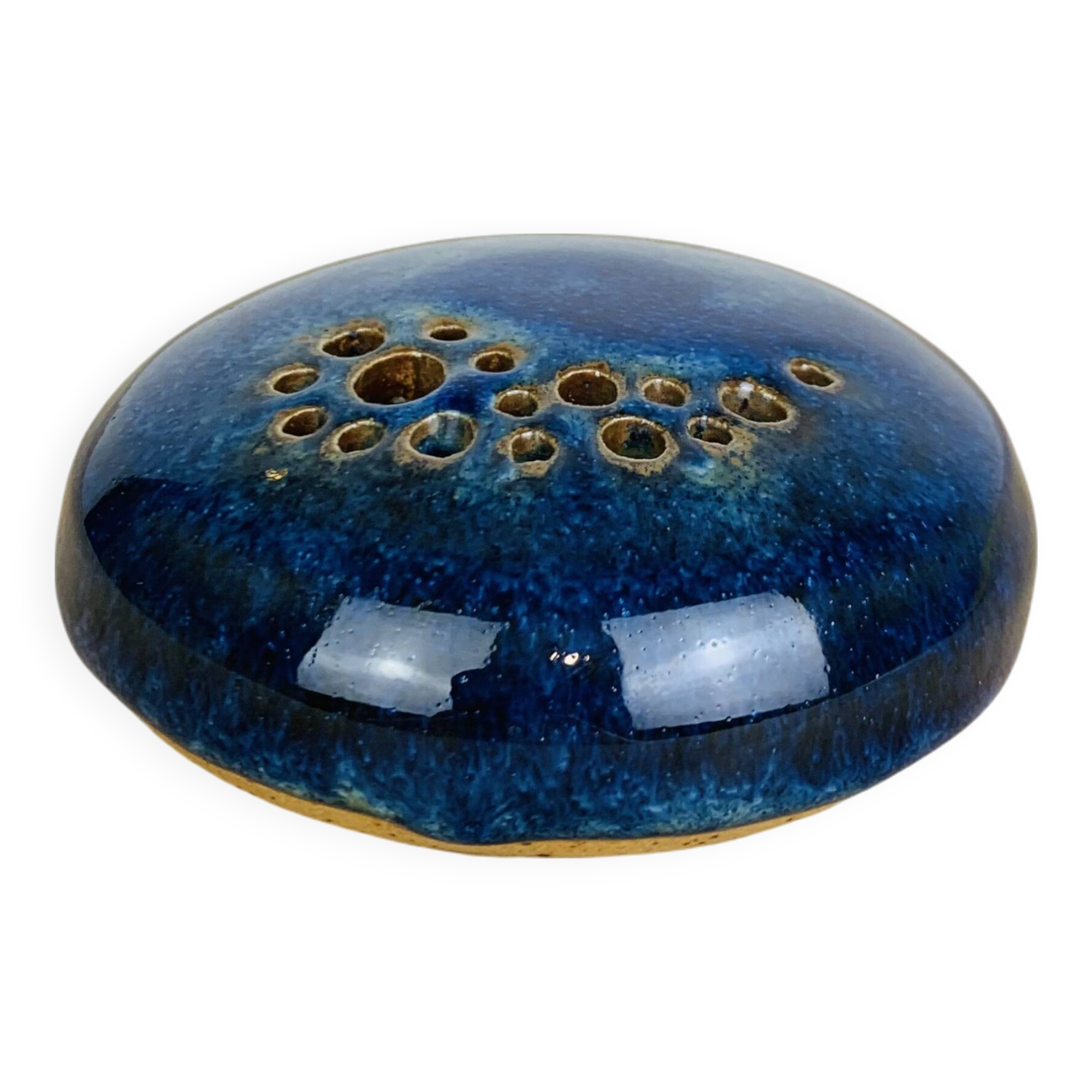 Blue ceramic flower spike ball vase, 7 soleils workshop