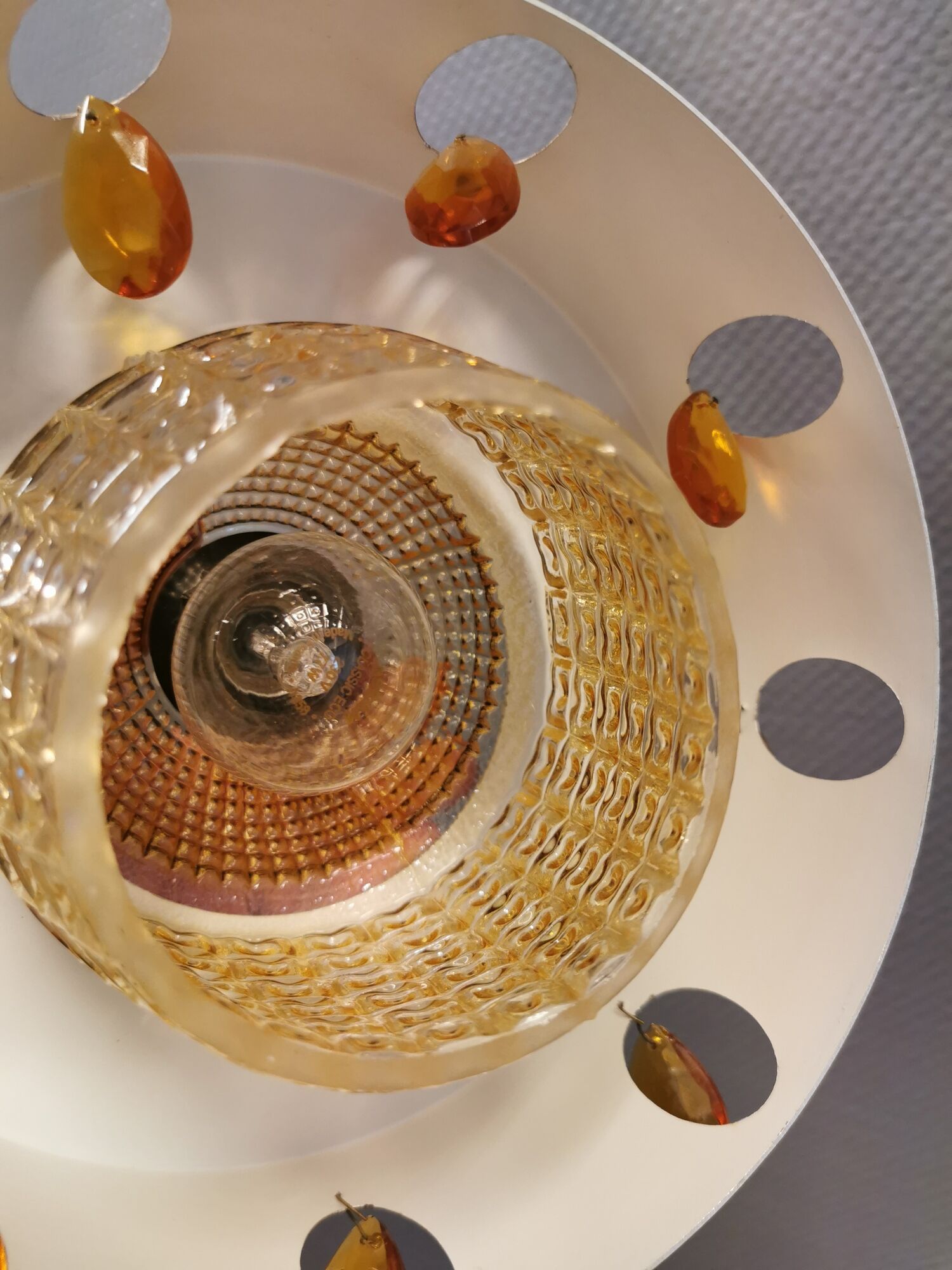 Danish hanging lamp made of glass, metal and with colored prisms