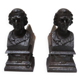Antique cast iron fireplace andirons: emperor bust