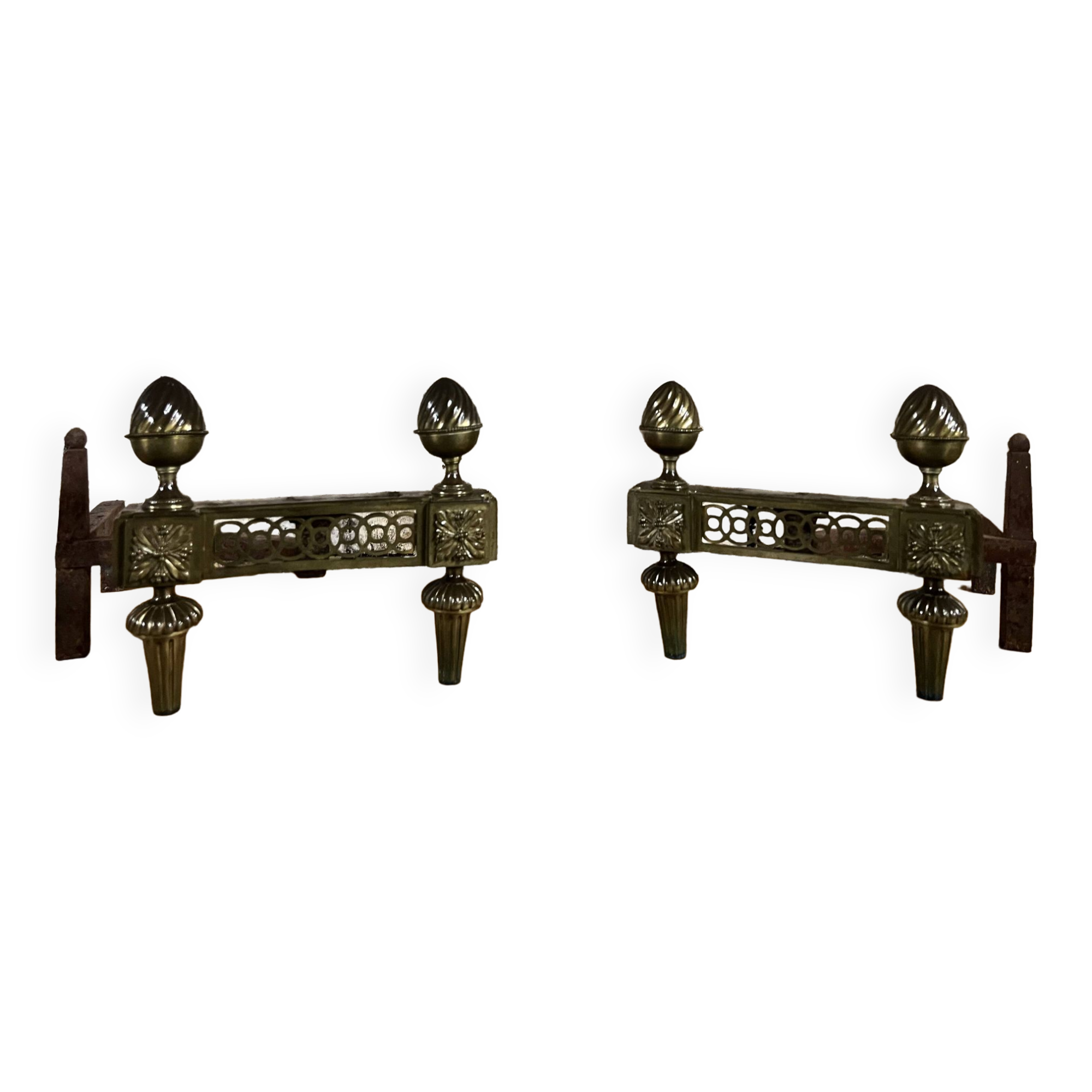 Pair of bronze andirons stamped bouhon frères in louis xvi style