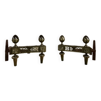 Pair of bronze andirons stamped bouhon frères in louis xvi style