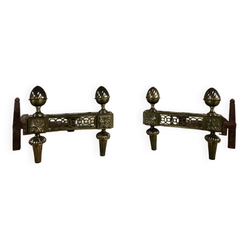 Pair of bronze andirons stamped bouhon frères in louis xvi style