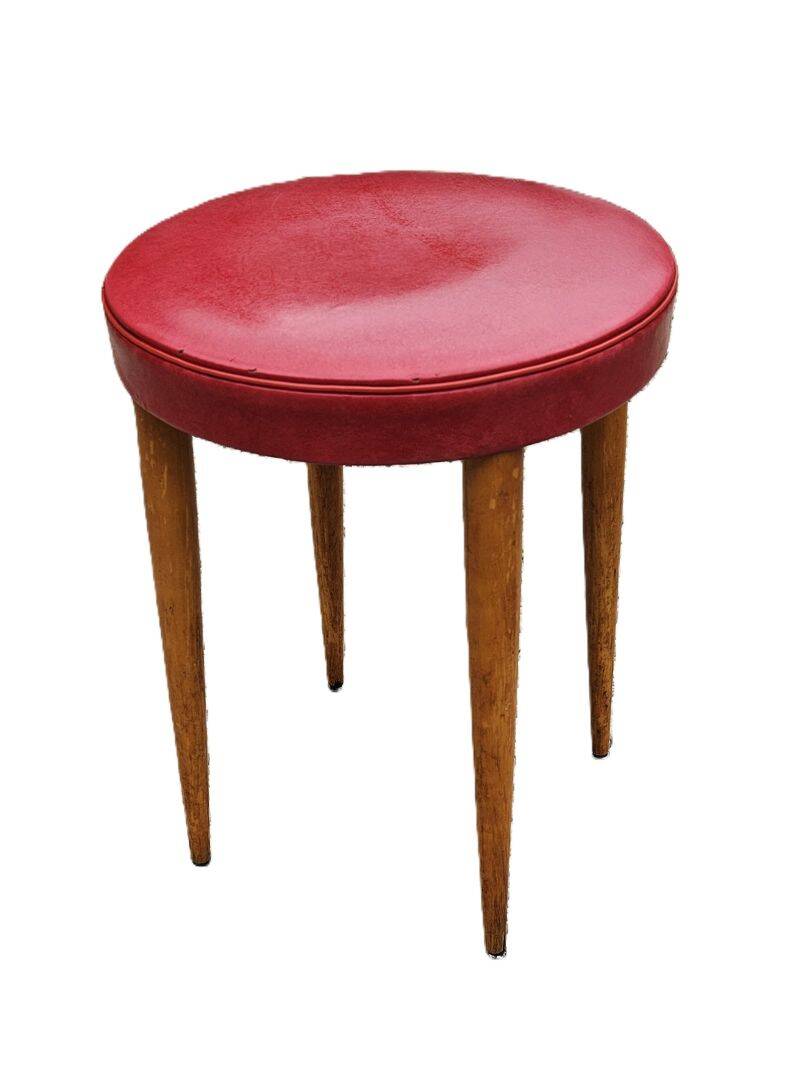 Baumann Low Stool Varnished Beech and Red Faux Leather
