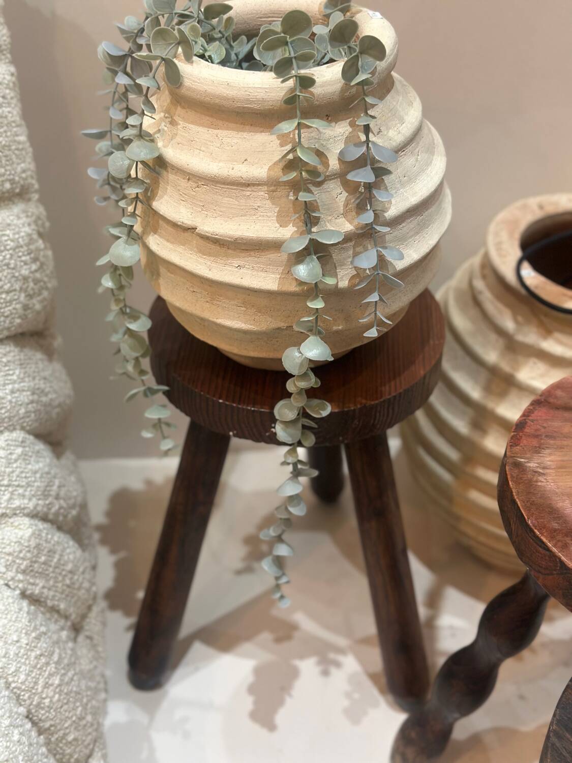 Vintage brutalist tripod stool compass legs - wood