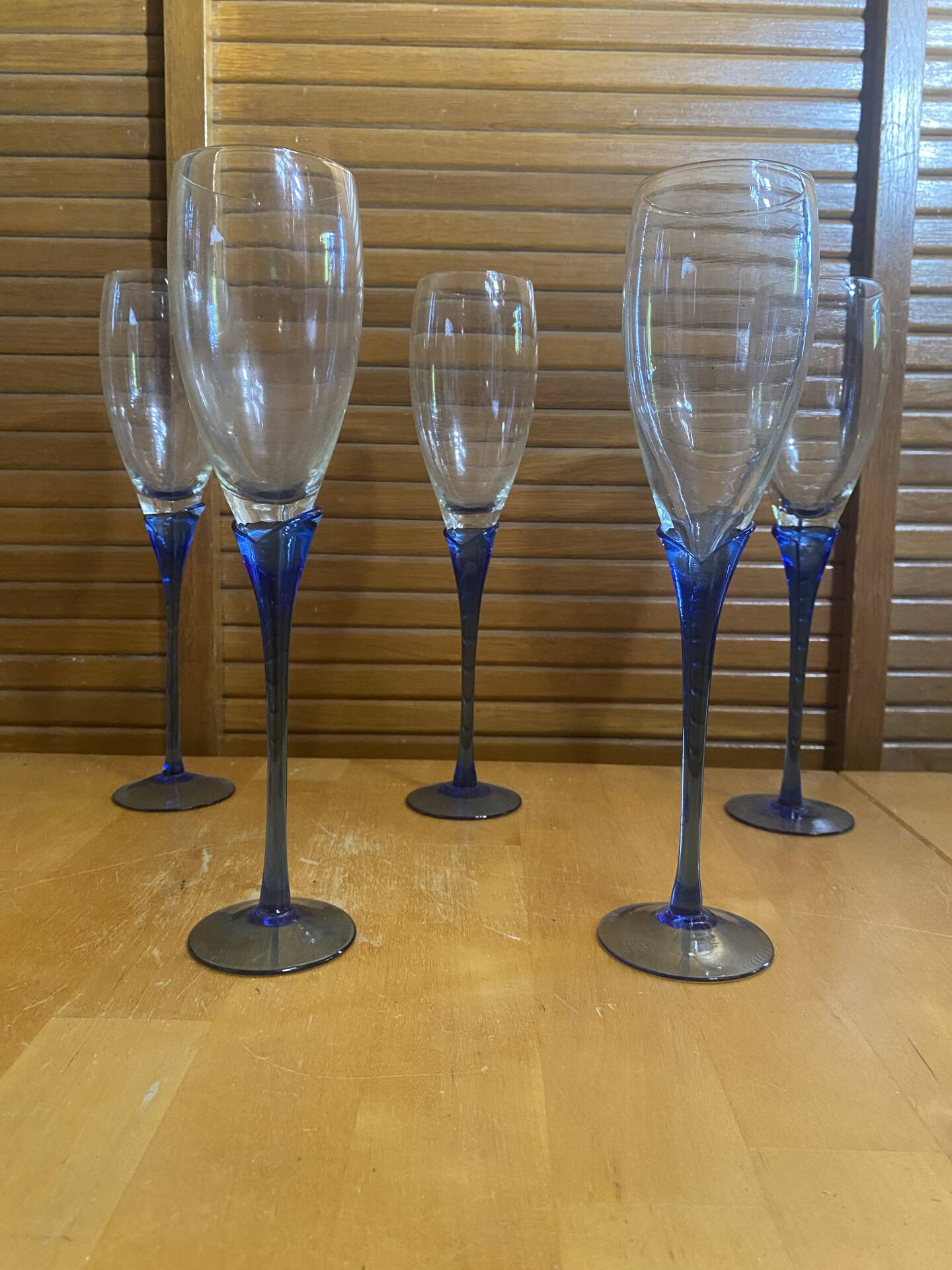 Set of 5 Champagne Flutes BORMIOLI ROCCO Moulded Glass + Vintage Blue Stem