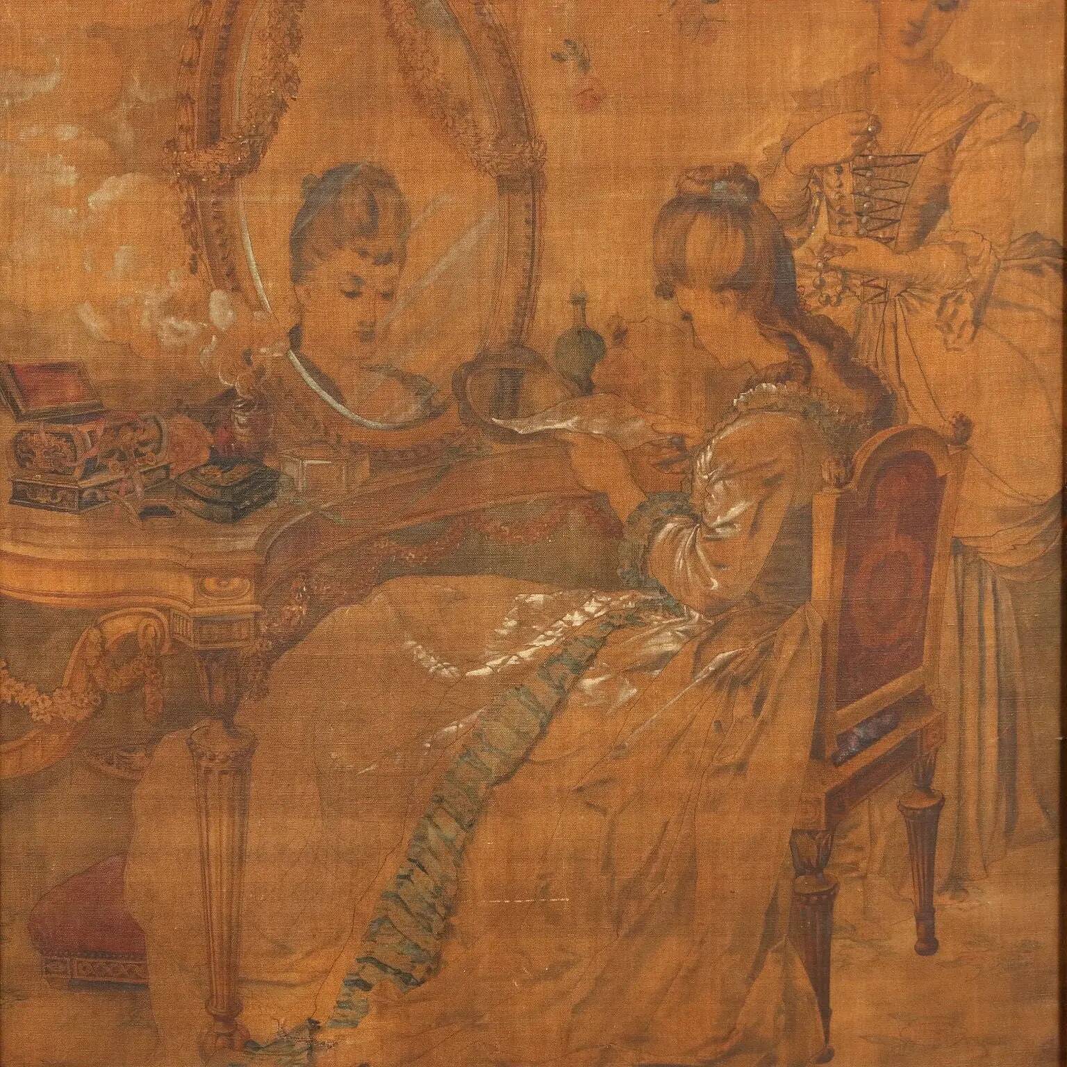 Tapisserie ancienne sur toile « Lecture de la lettre » XIXème s.