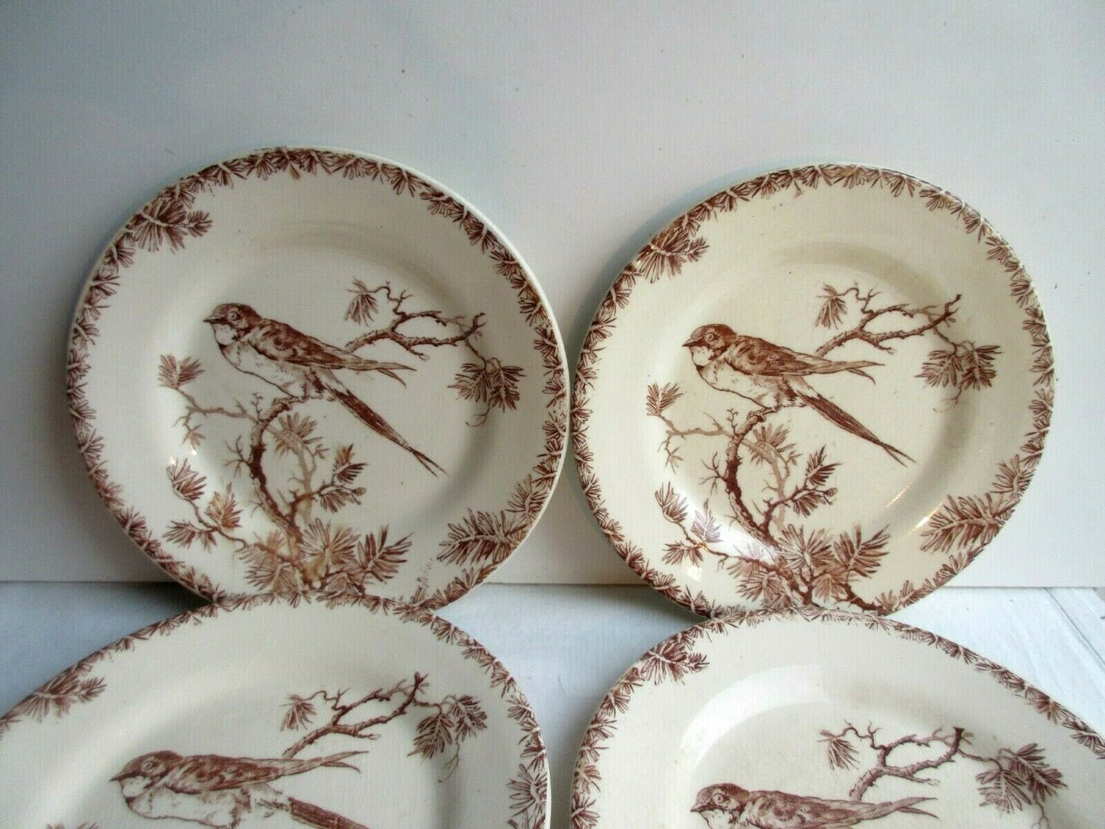 6 GIEN's Maroon Bird Dessert Plates, Provençal style with Hirondelle