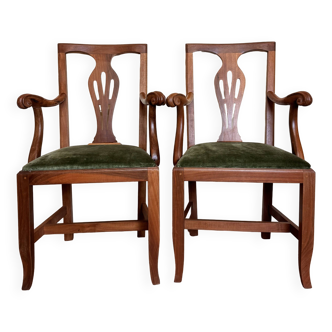 Pretty pair of English office armchairs in fruit wood circa 1880 with velvet-style seats from Genes