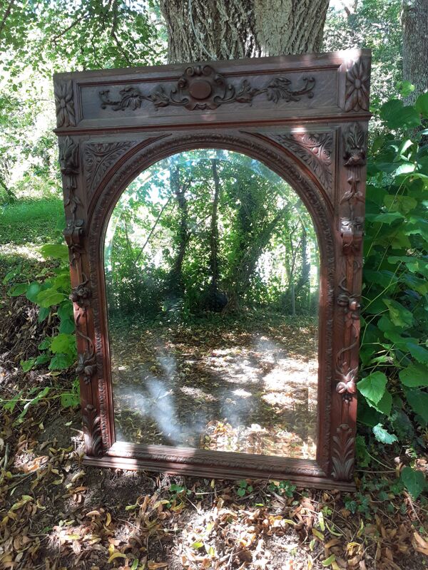 Trumeau miroir biseauté en chêne sculpté 104x144cm