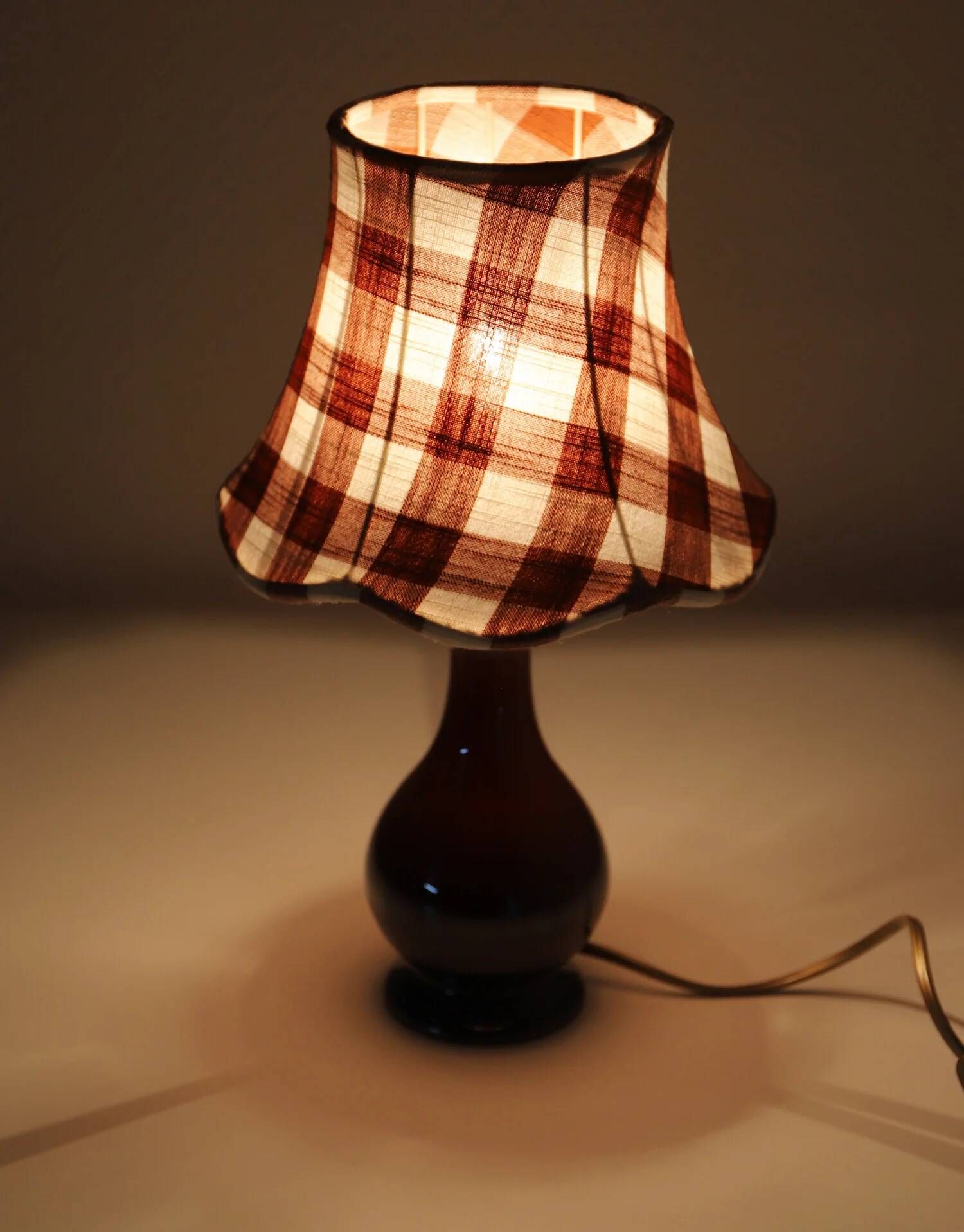 Recycled vintage lamp — brown ceramic base, terracotta gingham shade