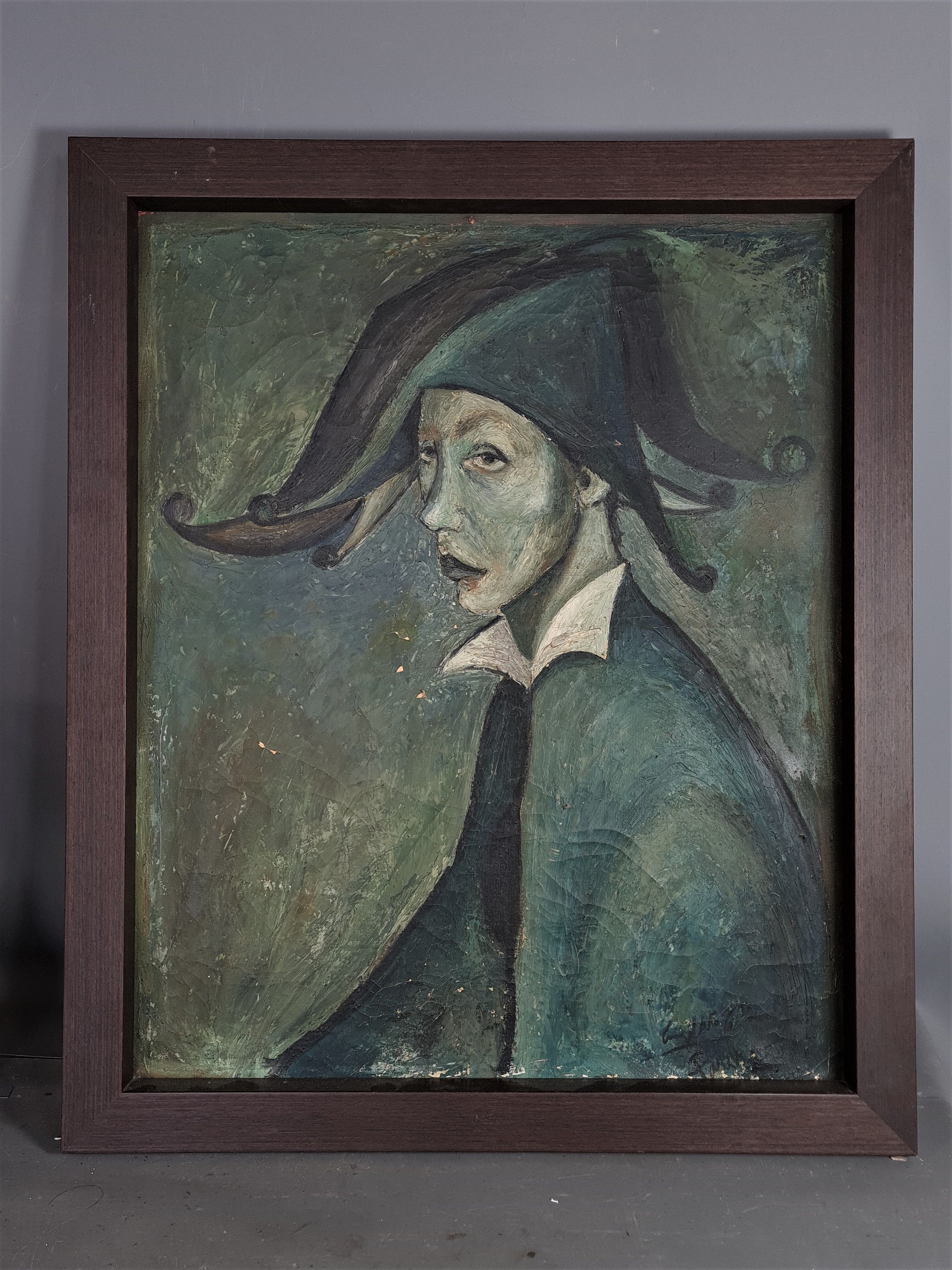 Harlequin, oil on canvas vintage 1950, signed & dated on the back SB
