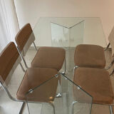 Design glass dining table & 4 vintage 70s/80s style chairs