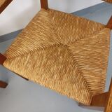 Set of 2 vintage brutalist armchairs in oak wood and straw