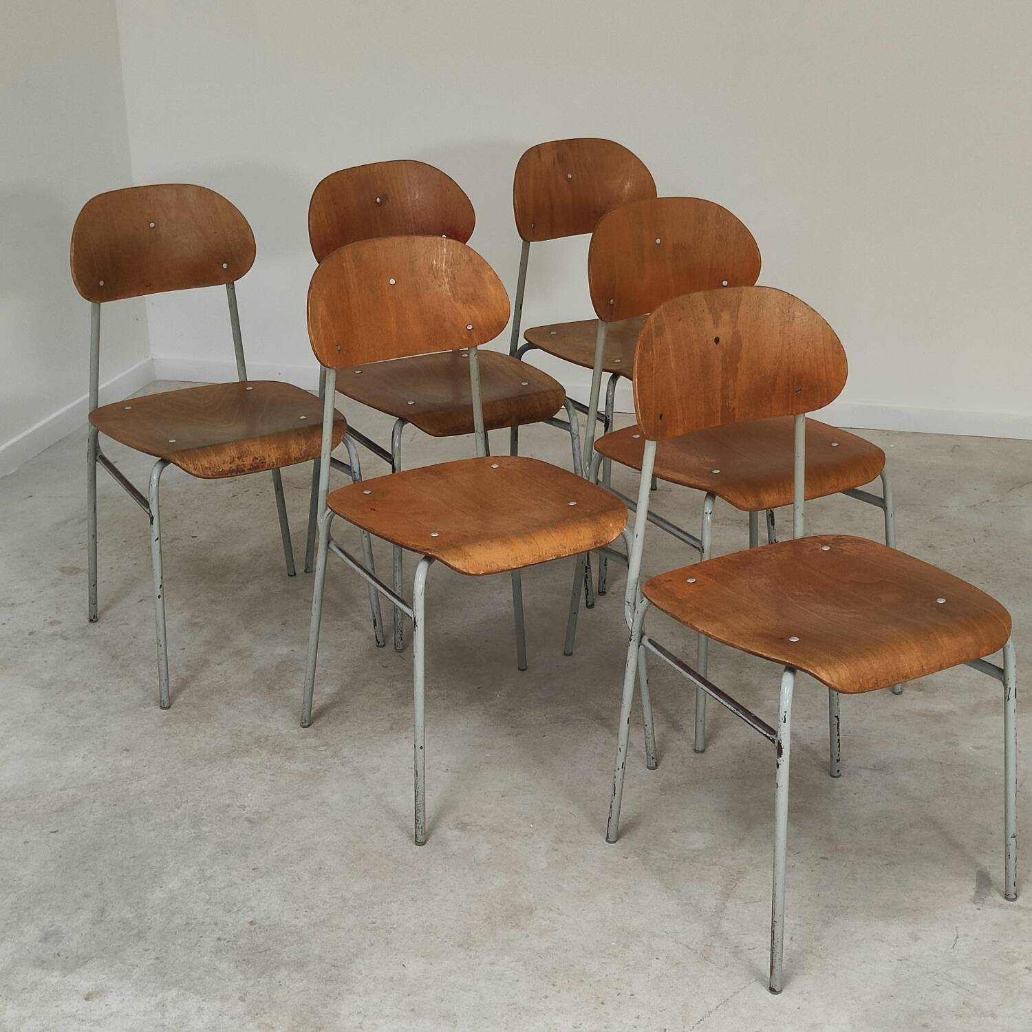 Set of 8 industrial style school chairs, Czechoslovakia 1950