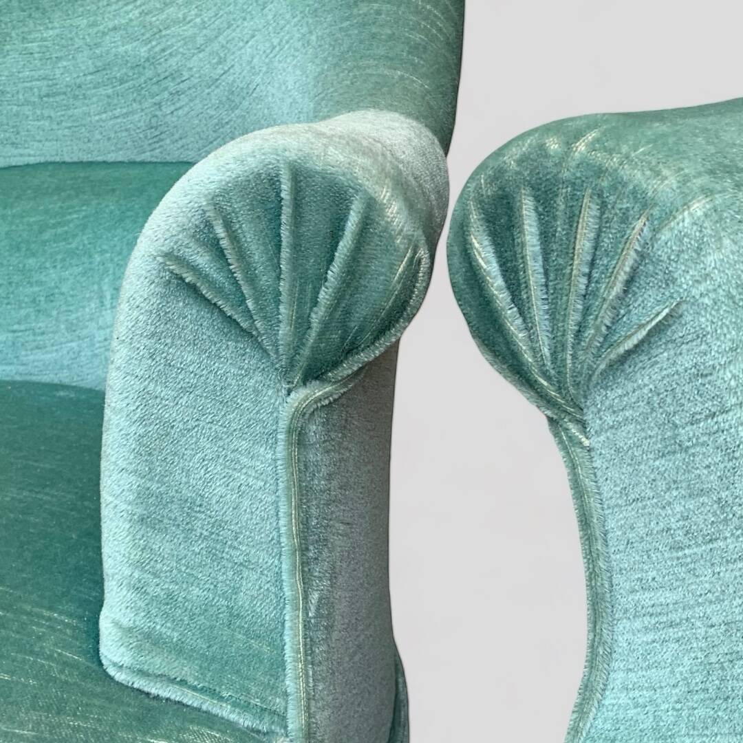 Pair of toad armchairs in water green velvet, 1970