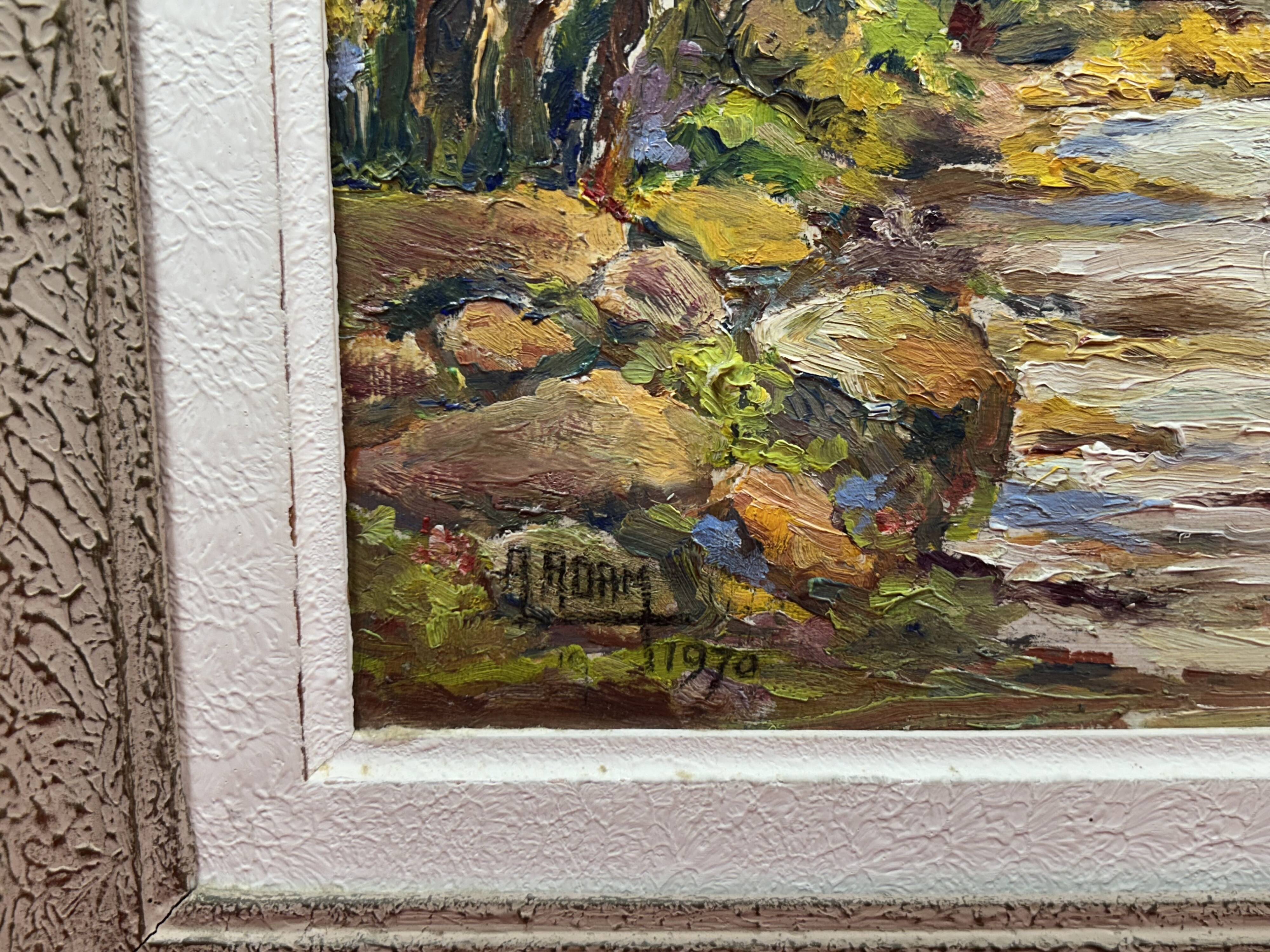 Oil on panel stone bridge river ST Tropez, st Maxime? signed A. Ada