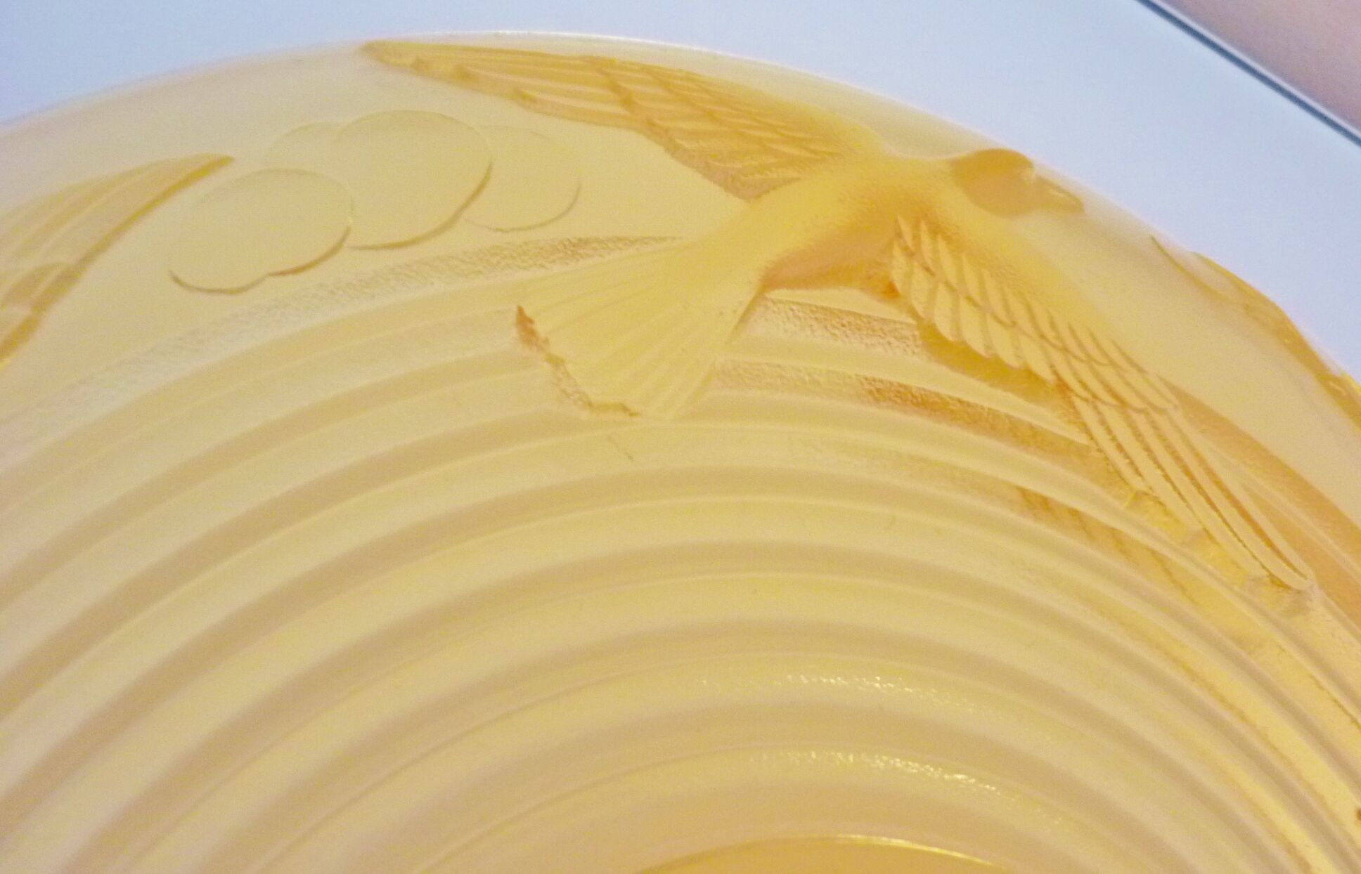 Cup, art deco centerpiece, 1930, pressed glass, molded, signed A.Miguel, albatross