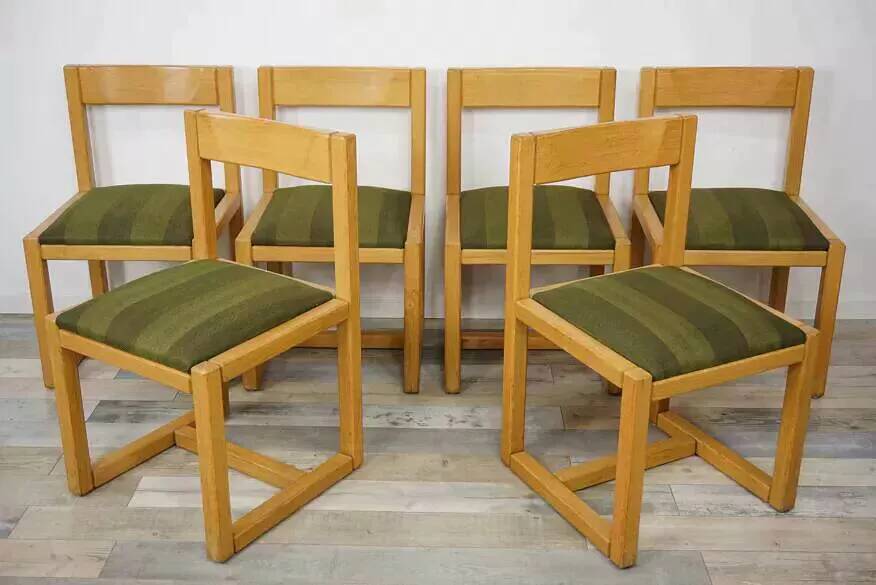 Set of 6 modernist chairs in wood and fabric from the 60s