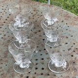 6 elegant clear glass champagne glasses with chiseled flower pattern