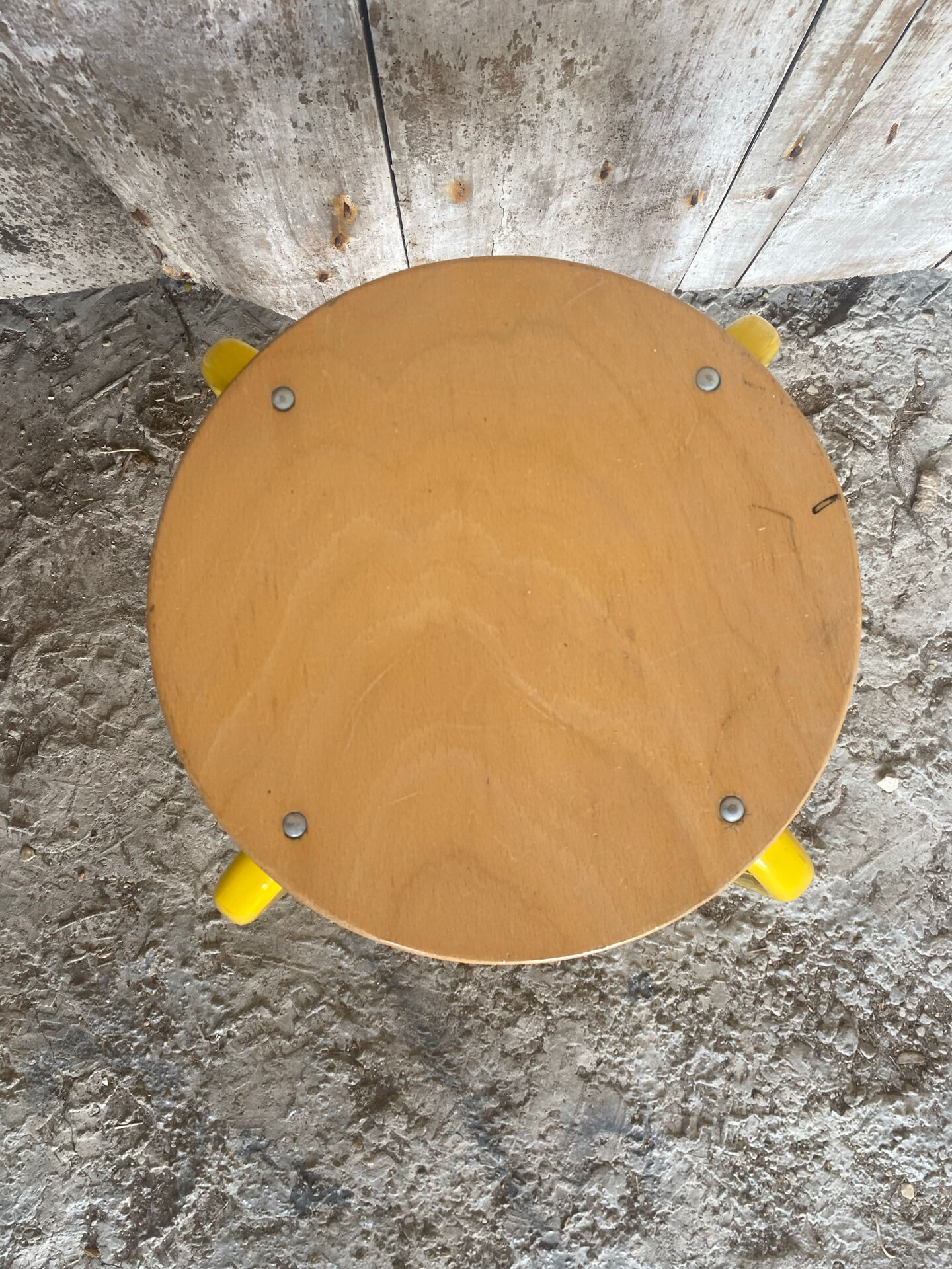 Vintage Industrial Stool Yellow Metal Tube + Wooden Seat