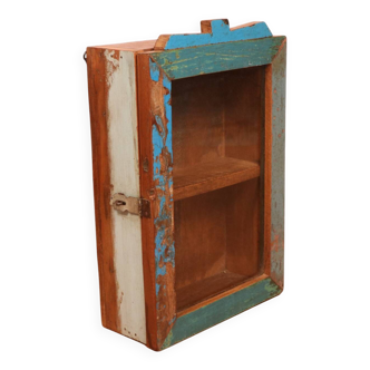 Burmese teak wall display case with original polychrome patina