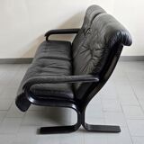 Scandinavian 2-seater sofa 1970s vintage in black leather and curved wood