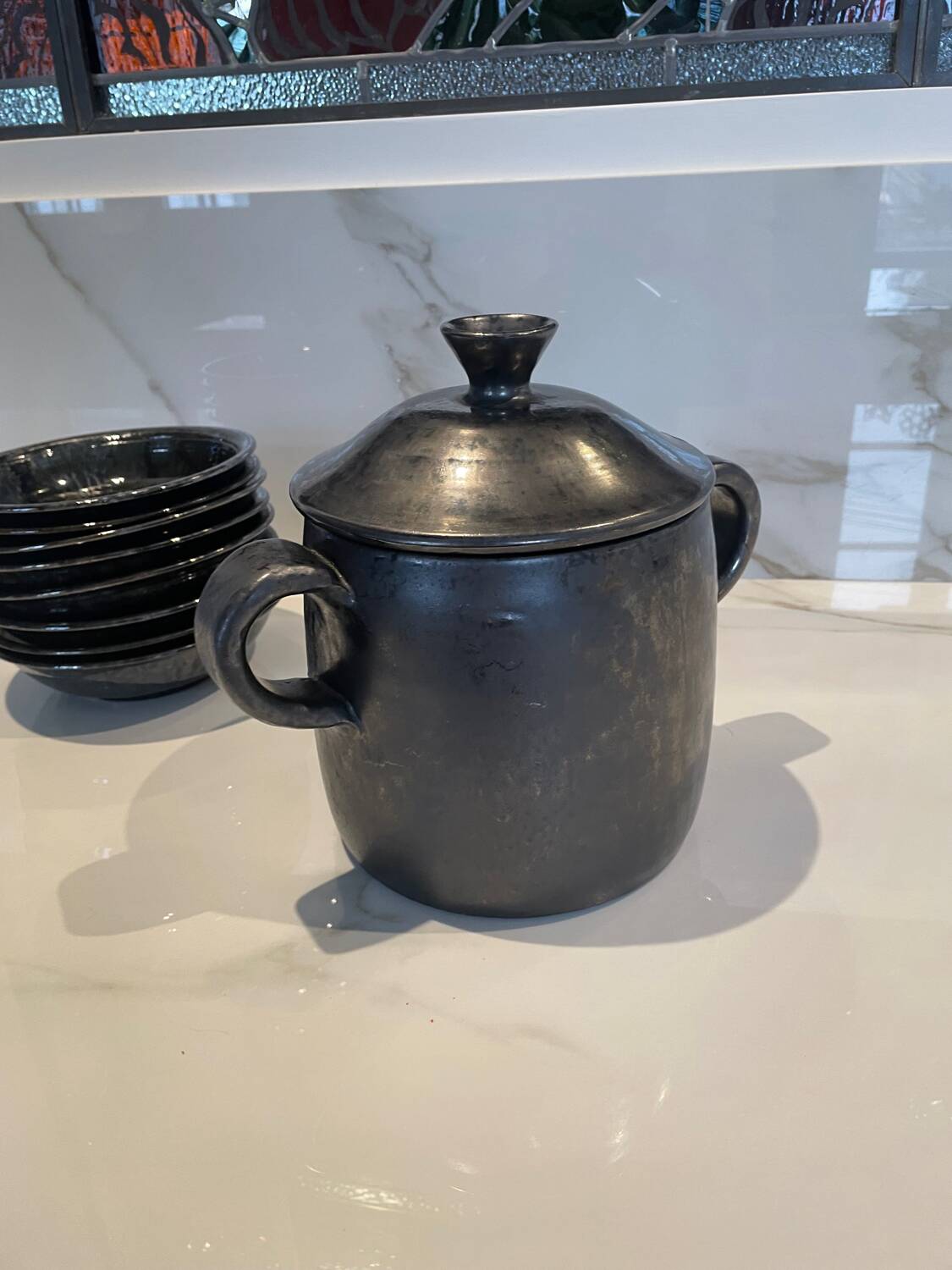 Vallauris service, the pottery of the great oak. Black metal glazed ceramics.