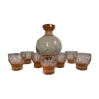 Pink glass carafe and glasses