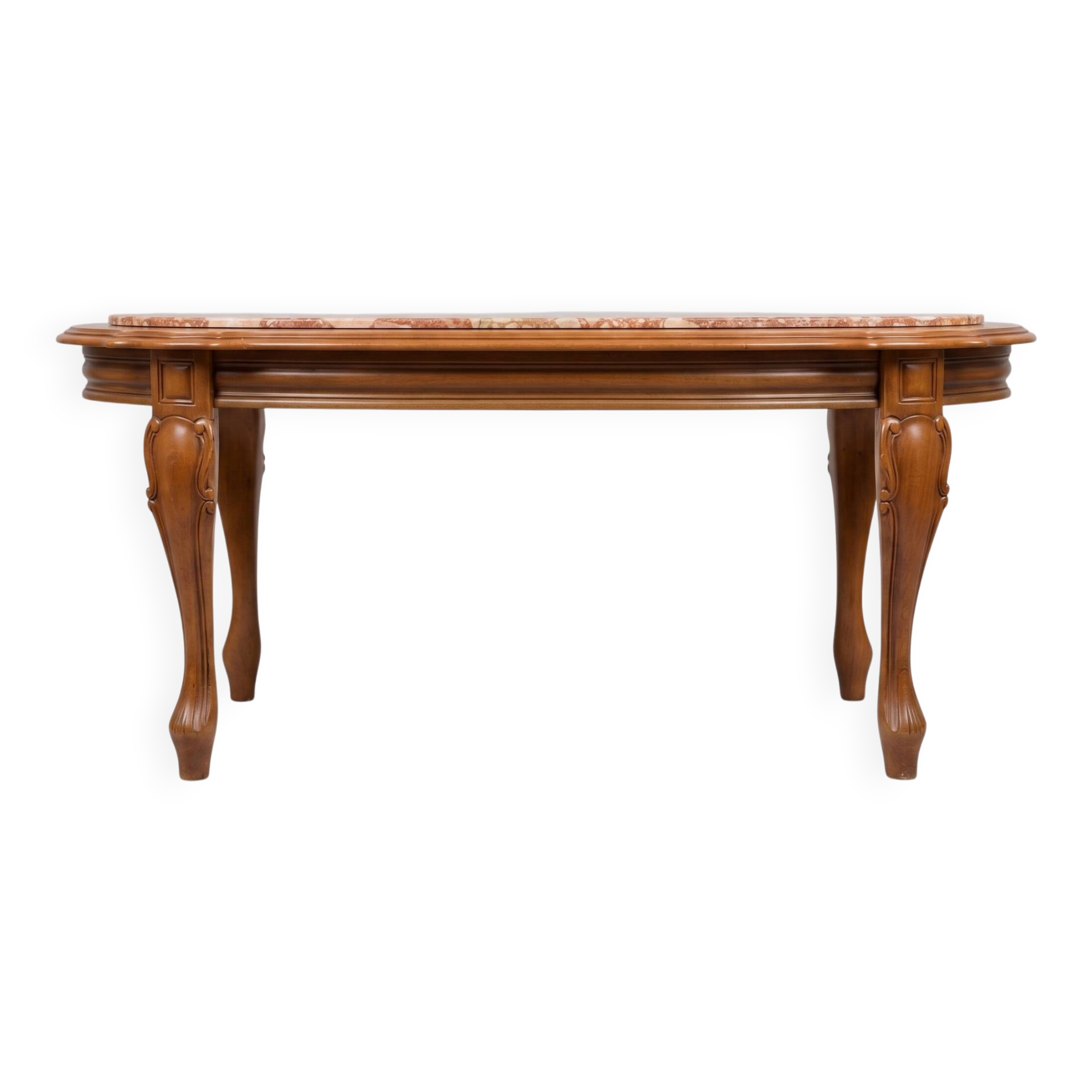Coffee table with a stone top.