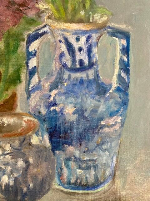 Ancient painting, still life in vase, flower pot and pitcher, signed, 20th century