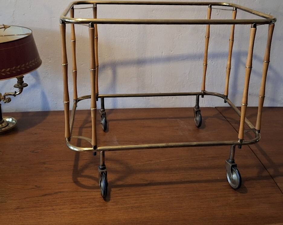 Faux bamboo cocktail trolley bar cart attr. Maison Jansen, France 1950s-60s