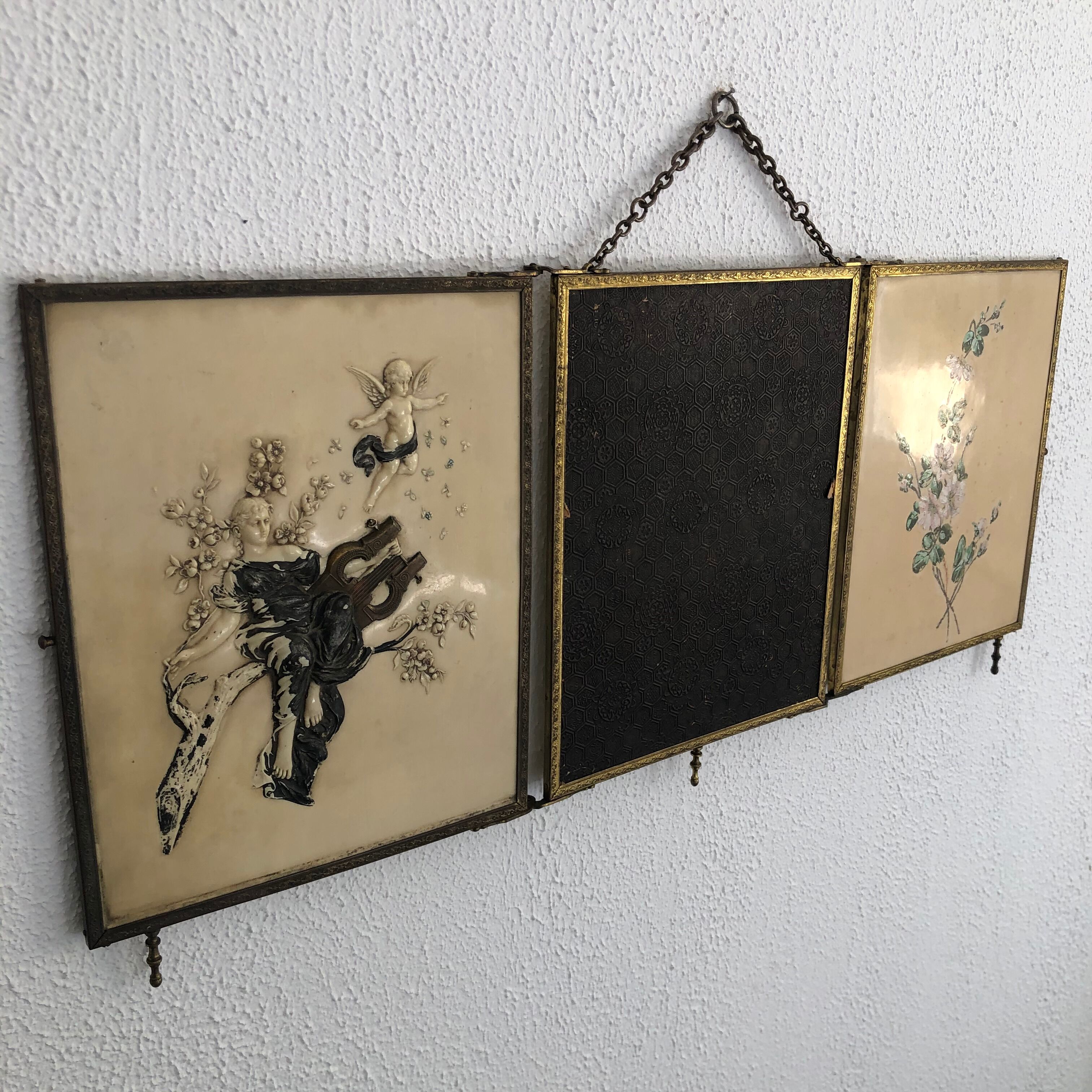 Vintage brass barber triptych mirror 1920 - 34 x 76 cm