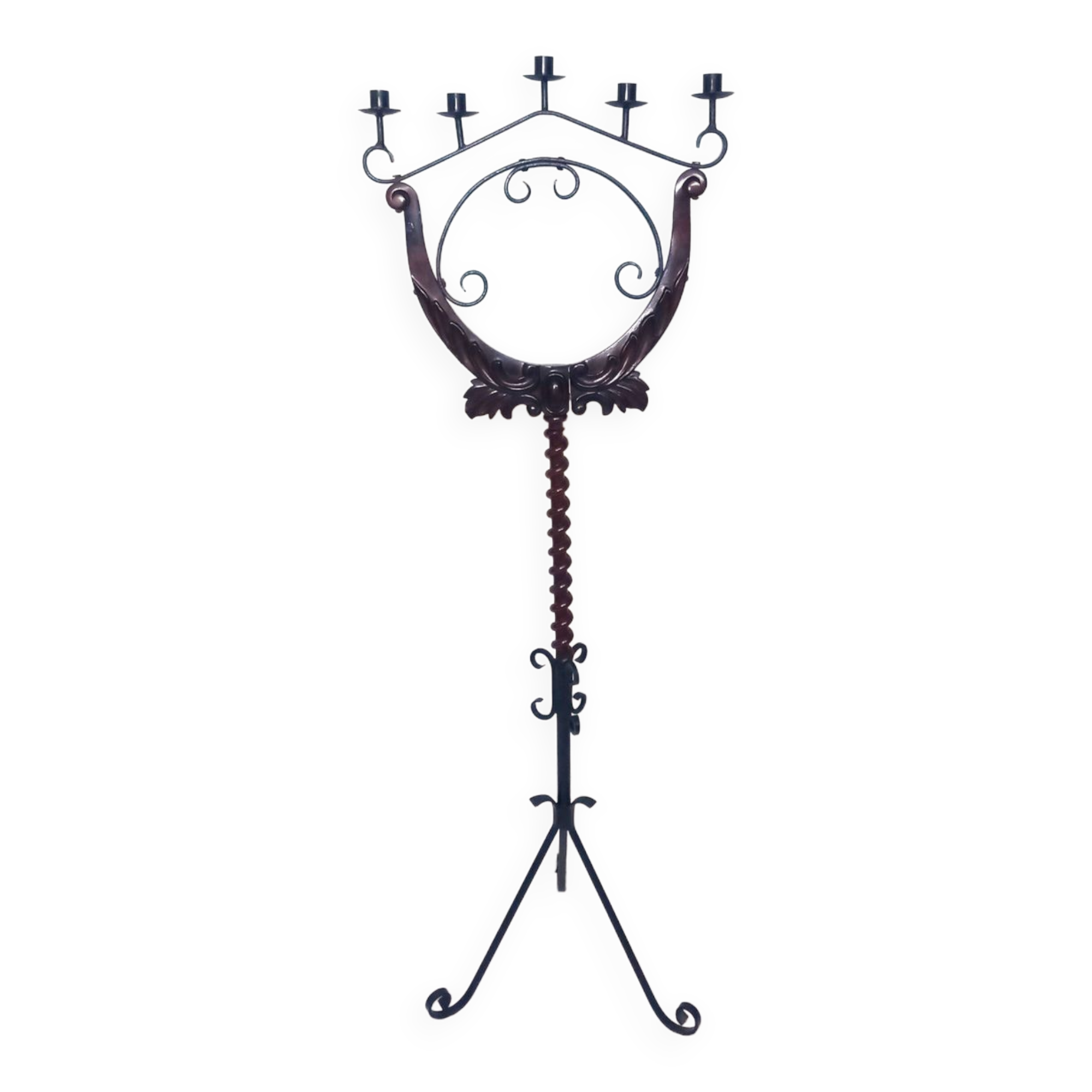 Floor candelabra in wrought iron and turned wood
