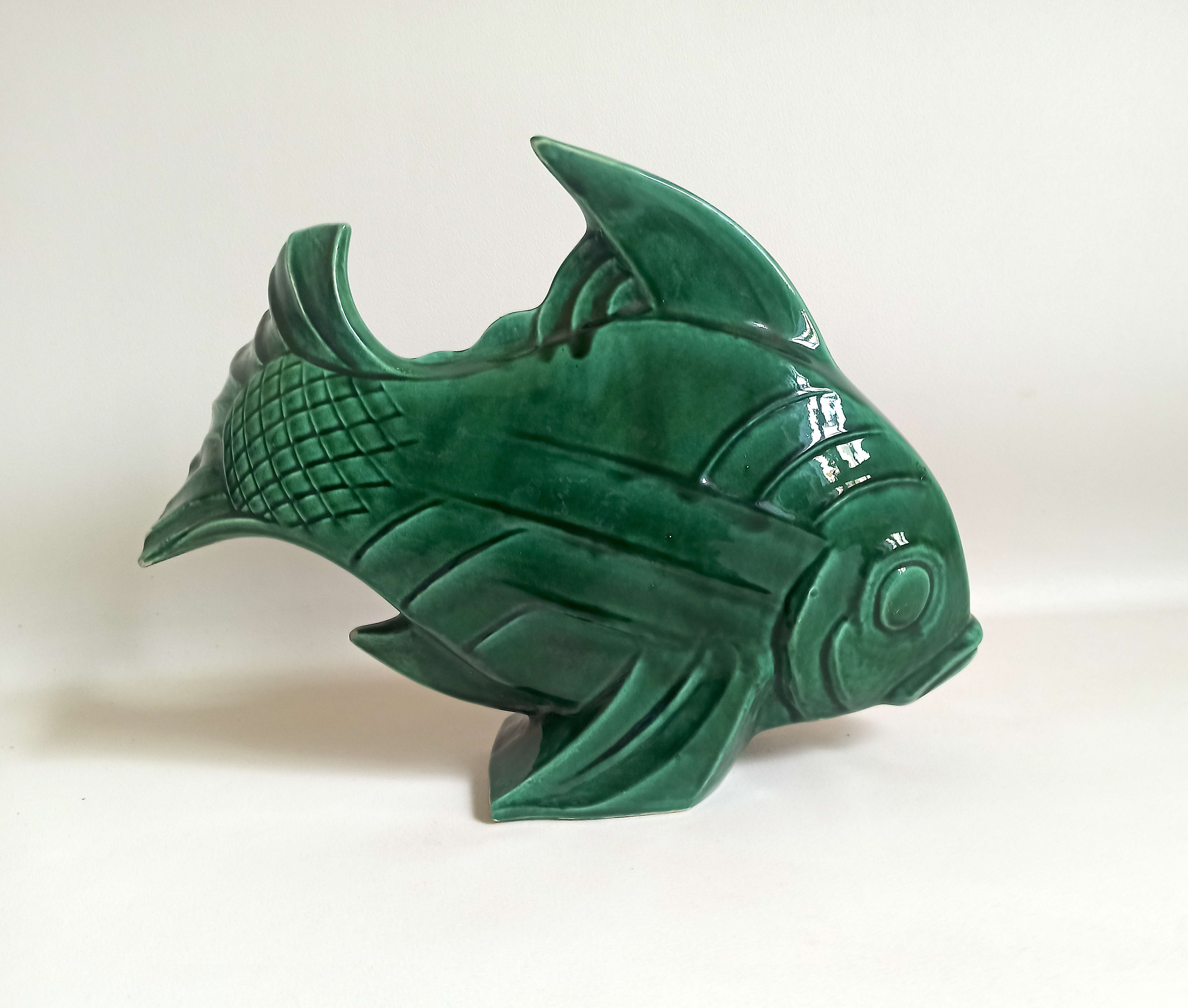 Green ceramic fish lejan art deco width 40 cm