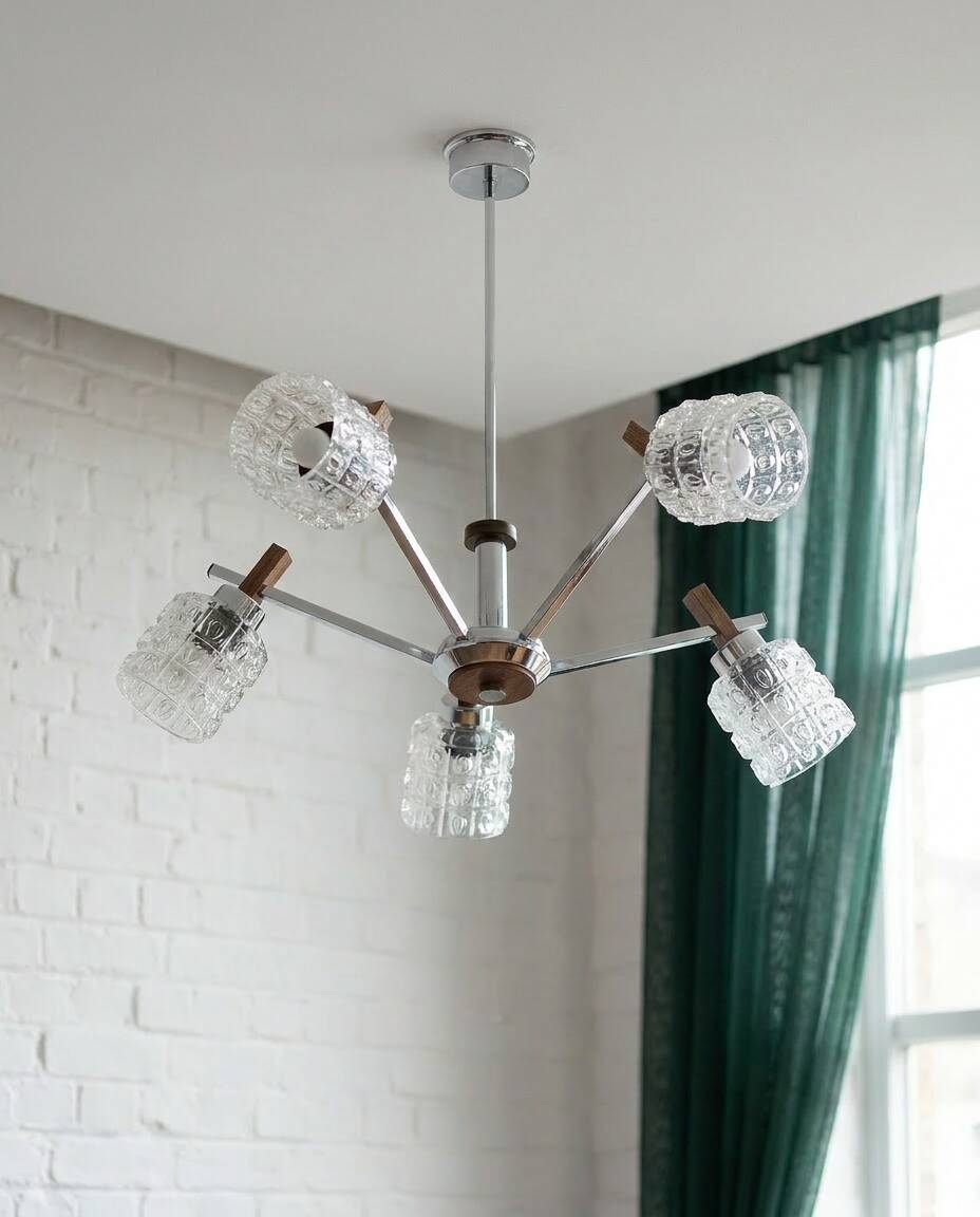 Vintage suspension with 5 chrome and wood lights – textured glass – 1970s