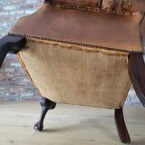 Antieke cuir Chesterfield wingback ourfauteuil Chippendale style cognac